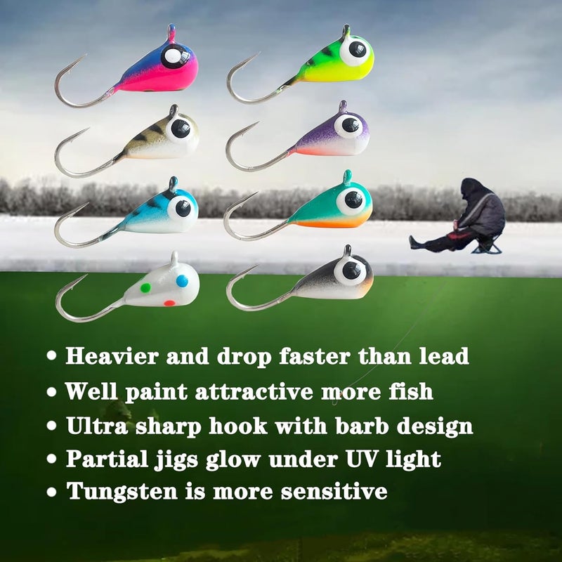 FISHCORNER 8pcs Tungsten Ice Fishing Jigs Set Sensitive Tear Drop Ice Fishing Jig Head Glow in Dark Ice Fishing Lures for Panfish Crappie Bluegill Walleye - Image 5